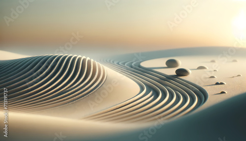 Minimalist, abstract background, Group of Rocks Perched on Sandy Beach, serene calm peaceful Zen atmosphere, wallpaper