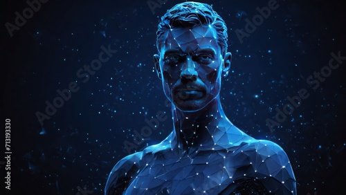 Futuristic polygonal 3d man made of glowing linear polygons in dark blue color. Abstract illustration for online business, it, network, support, services app concept.