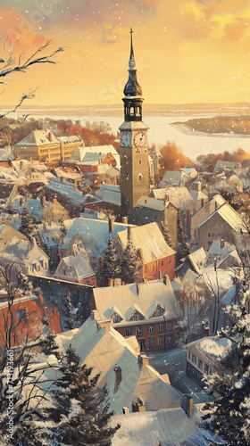 Vintage illustration of Tallinn during winter. AI generated image 