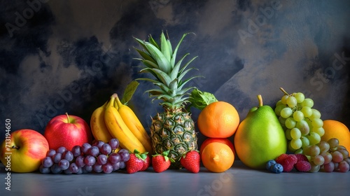Fresh, organic and healthy fruits on the table photography. Exotic sweet vegetarian diet food, purple and green grapes, bananas, apples, strawberries, oranges, ananas and pear still life studio shot