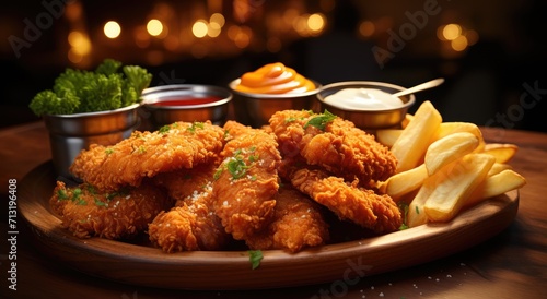 A delicious and indulgent plate of crispy fried chicken and golden french fries, a classic comfort food dish that brings the savory flavors of deep frying to your table in a fast food style cuisine, 