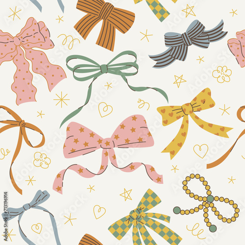 Seamless pattern with various cartoon bow knots, gift ribbons. Trendy hair braiding accessory. Hand drawn vector illustration. Valentine's day background.