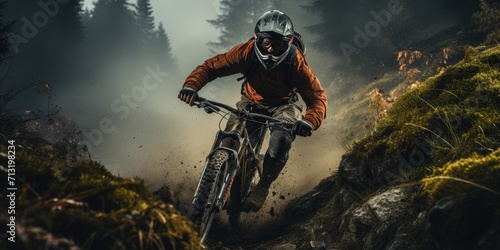 Amidst the fog, a daring individual conquers the rugged terrain on their trusty mountain bike, donning a helmet and equipped with their beloved sports equipment, showcasing the thrilling combination 