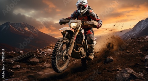Thrill-seeker conquers rugged terrain on a powerful dirt bike, racing through the sky and leaving clouds of dust in their wake