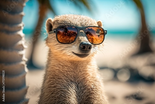 portrait of mongoose in sunglasses on a blurred background of palm trees and the beach
