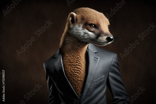 portrait of mongoose in a full-length business suit on a dark background