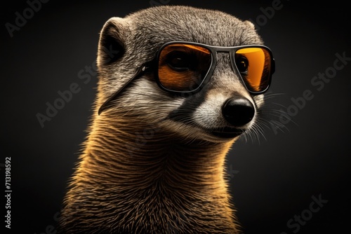 portrait of mongoose with sunglasses on a dark background