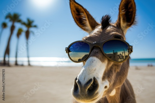 portrait of mule in sunglasses on a blurred background of palm trees and the beach