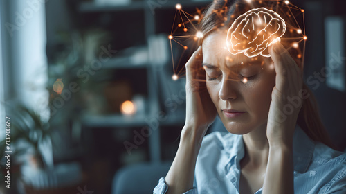 Young woman with headache at home with highlighted brain, stressed depression migraine concept