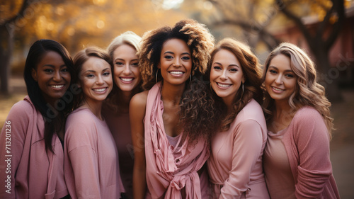 Pink ribbon symbol, group of diverse women standing