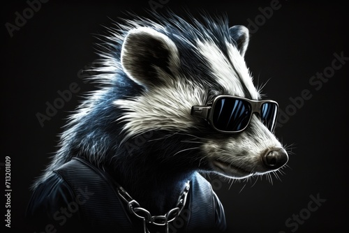 portrait of skunk with sunglasses on a dark background