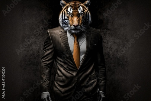 portrait of tiger in a full-length business suit on a dark background