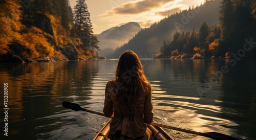 As the misty fog settled over the tranquil lake, a lone woman paddled her canoe towards the fiery sunset, surrounded by the serene beauty of nature's embrace