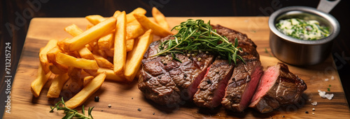 grilled beef steak with french fries, top view