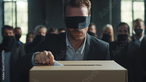 Blindfolded people voting, manipulated by politics and the media.