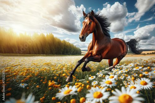 Dark horse in a summer landscape gallops through a chamomile field against a background of blue sky with clouds on a sunny day