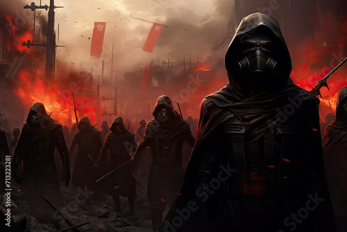 Group of people in a gas mask against the background of a burning city, rebel warriors with gas masks in a destroyed city, war concept, Post apocalypse world.