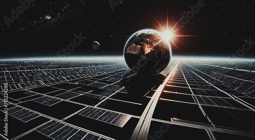 illustrazione concettuale di sostenibilità energetica, spazio con pianeti e strutture tecnologiche per la produzione di energia