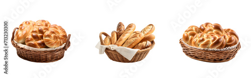 Set of assorted bread and rolls housed in a wicker basket, Isolated on Transparent Background, PNG