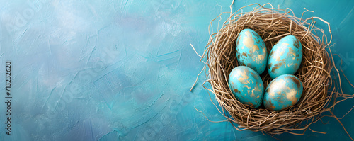 Braided nest with Easter eggs on the blue background. Easter motif with copy space. Edited AI illustration. 