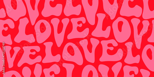 Love text quote seamless pattern illustration in retro 70s style. Cute romantic background wallpaper print. Valentine's day handwritten 1970s texture