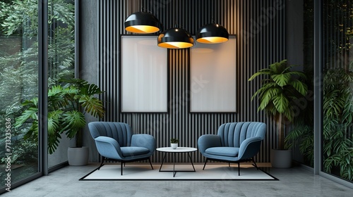 Chic office waiting space including a replica of a banner on a striped wall and pendant lighting, Generative AI.