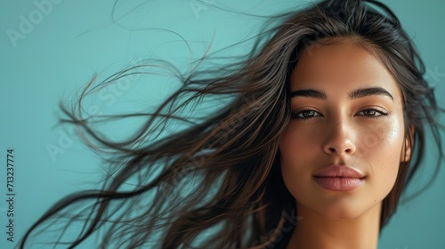 Picture of an Indian woman with long wavy hairs on clean backdrop, space, Generative AI.