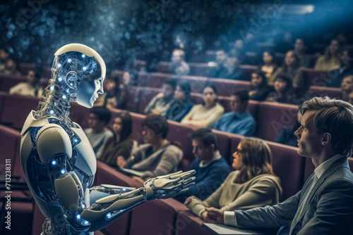 Lecture on AI impact on understanding human cognition and behavior. Robot with built-in artificial intelligence speaks against humans in audience