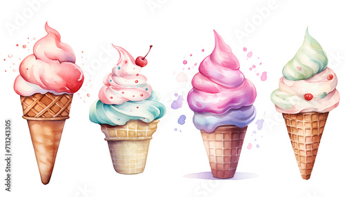 Watercolor illustration set with ice cream. Isolated on transparent background. Perfect for card, postcard, tags, invitation, printing, wrapping.