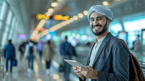Travelling Arabic man inside airport wearing traditional kandora thawb menswear