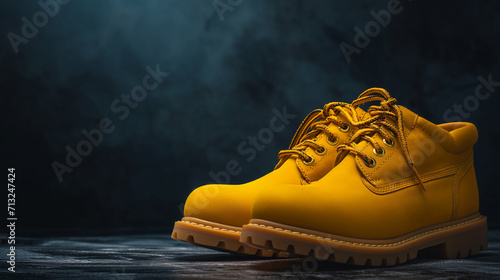 Par de botas de segurança amarelo isolado no fundo cinza 