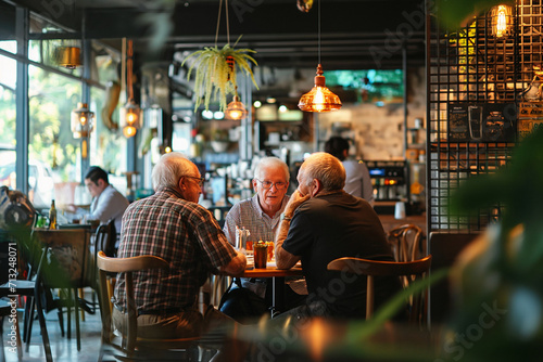 Three elderly men sharing stories and laughter during a casual meet up in a cozy coffee shop ambiance