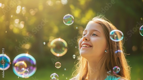 Happy Girl with Soap Bubbles in the Park