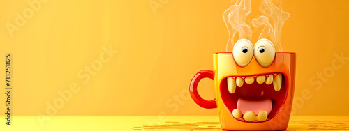 A cheerful, steaming mug with a comical face on a yellow background, embodying a playful start to the day