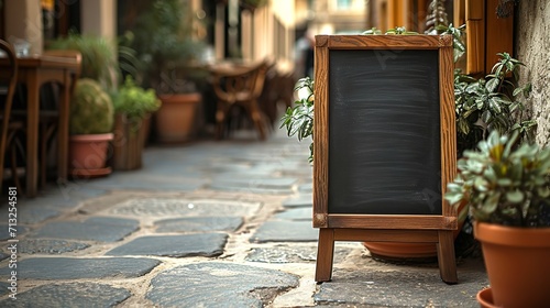 Restaurant or cafe decor for mock up with an empty menu board in front of the door, Generative AI.