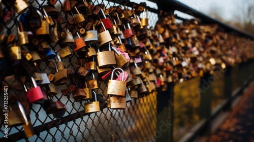  Urban scenes of a bridge adorned with love locks, symbolizing everlasting love and commitment. 