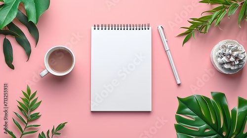 Top view of a peach backdrop with a blank notebook on a desktop workplace, space, Generative AI.