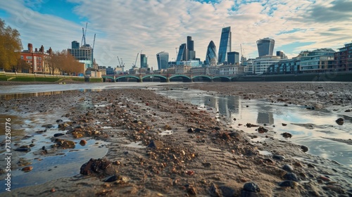 City of London landscape panorama as heavily drought, dry Tames river, a desert city. Global Warming, climate change drought in the main capital of Europe and UK