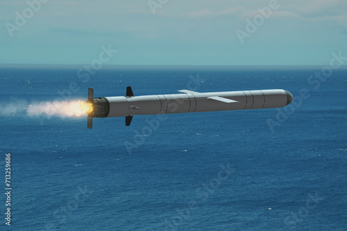 Kalibr ballistic missile flying over the sea, the trace of the missile launch, smoke and fire. Concept: war in Ukraine, missile attack from the sea.