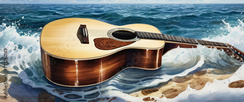 Acoustic guitar on the beach. Illustration in watercolor style. Waves of blue sea and acoustic guitar.