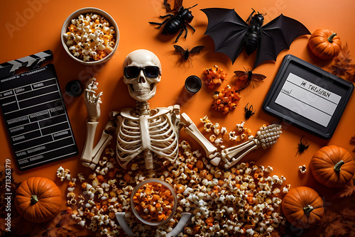 Prepare for spine-chilling movie night with Halloween-themed cinema concept. Top view of skeleton hand, pumpkins, insects, bat, 3D glasses, clapperboard, popcorn. Orange backdrop, space for text or ad