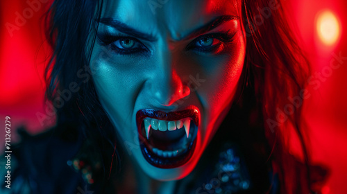 Woman vampire with open mouth and long fangs
