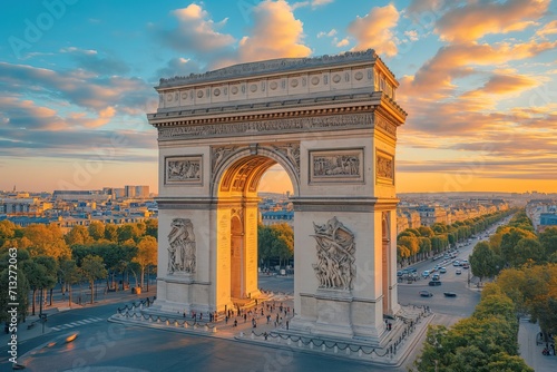 Arc de Triomphe in France, Paris, aerial view on a scenic sunset