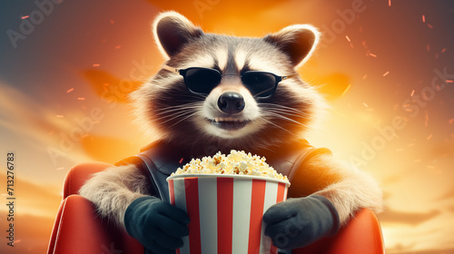 Stylized raccoon character in sunglasses and superhero cape enjoying a movie snack against a cinematic fiery sunset, ideal for movie-themed promotions or entertainment content. High quality