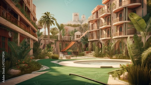 Courtyard of a vintage hotel with a mini golf course Ai Generative