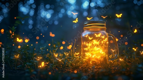 Hyper-realistic fireflies dancing around vintage mason jar lights, bringing a whimsical and enchanting glow to your bedroom. 
