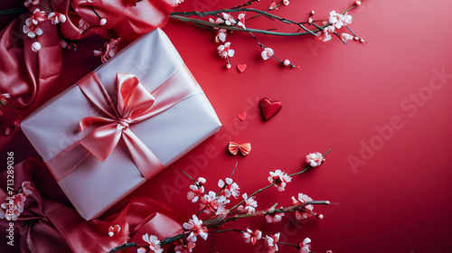A Valentine's Day gift in recyclable and reusable packaging is presented on a red background - this is a concept that helps reduce the negative impact on nature.