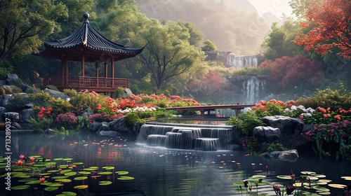 Tranquil Haven: Chinese Garden with Pagoda, Bridges, and Serene Streams, Adorned with Flowers and Rocks, Embracing Harmony, Freshness, and Quiet, Discover the Residential Landscape in our Brochure.
