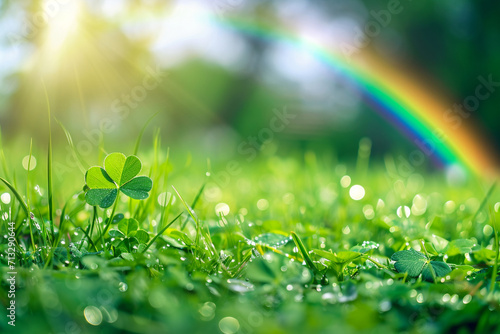 A green landscape with a rainbow in the background, St. Patrick’s Day, blurred background, with copy space