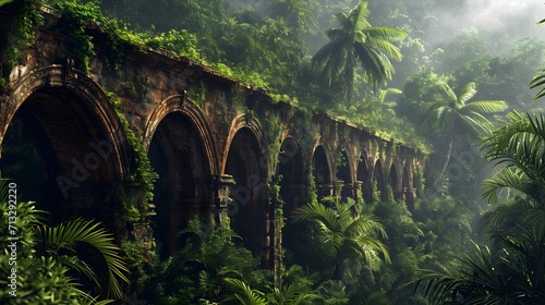 A realistic and detailed photograph capturing the intricate, textured surface of a crumbling, ancient aqueduct, surrounded by the lush, verdant vegetation of a tropical rainforest.
